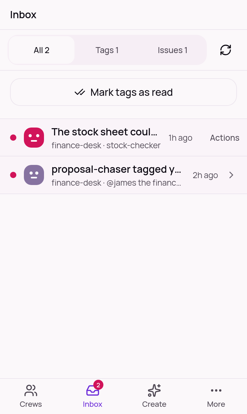 The inbox on the Crews phone app.