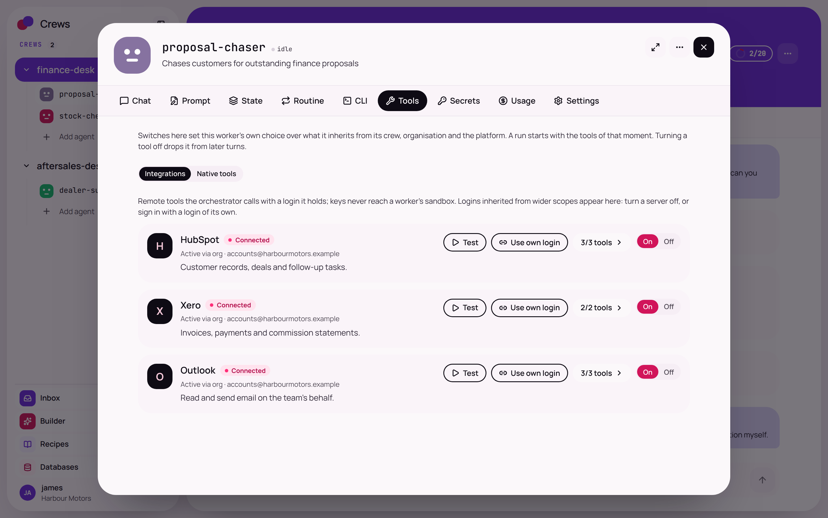 A worker's tools page listing three connected business systems, each with an on and off switch.