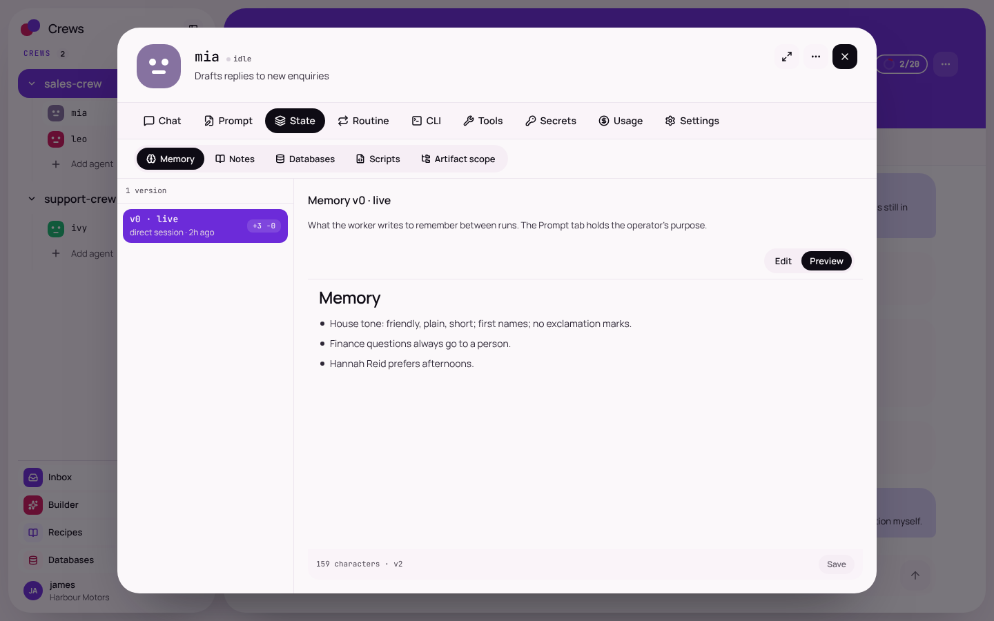 A worker's memory page showing its house tone and rules.