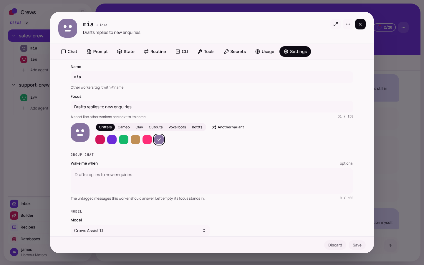 A worker's settings page showing its name, focus and when it wakes in a group chat.